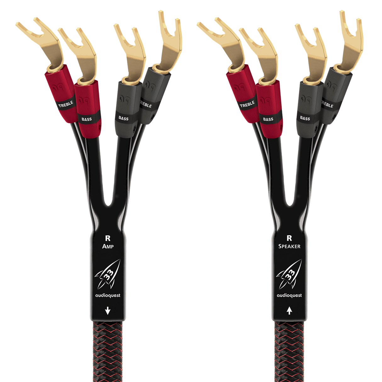 AudioQuest Rocket 33 Single BiAmp - ROCK338PR - SBA - MSG 8 ft = 2.4 m Pair - Braid Jacket 4 x Multi - Spades > 4 x Multi - Spades - Gold